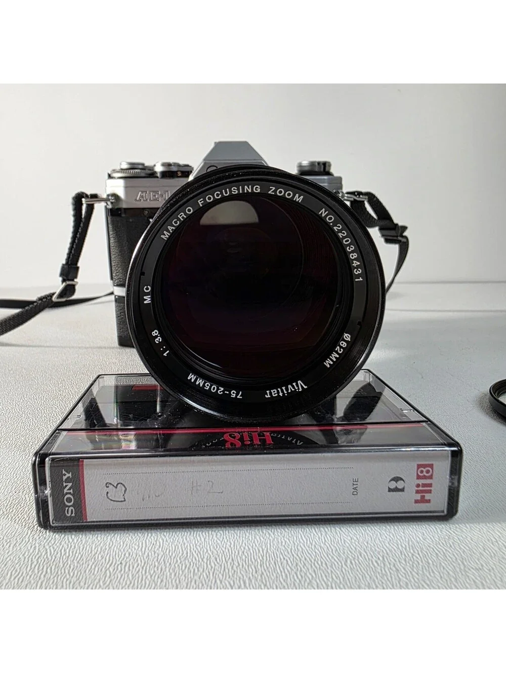 Canon AE-1 Silver 35mm SLR Film Camera W/ 75-205mm Vivitar Lens & Winder Vintage